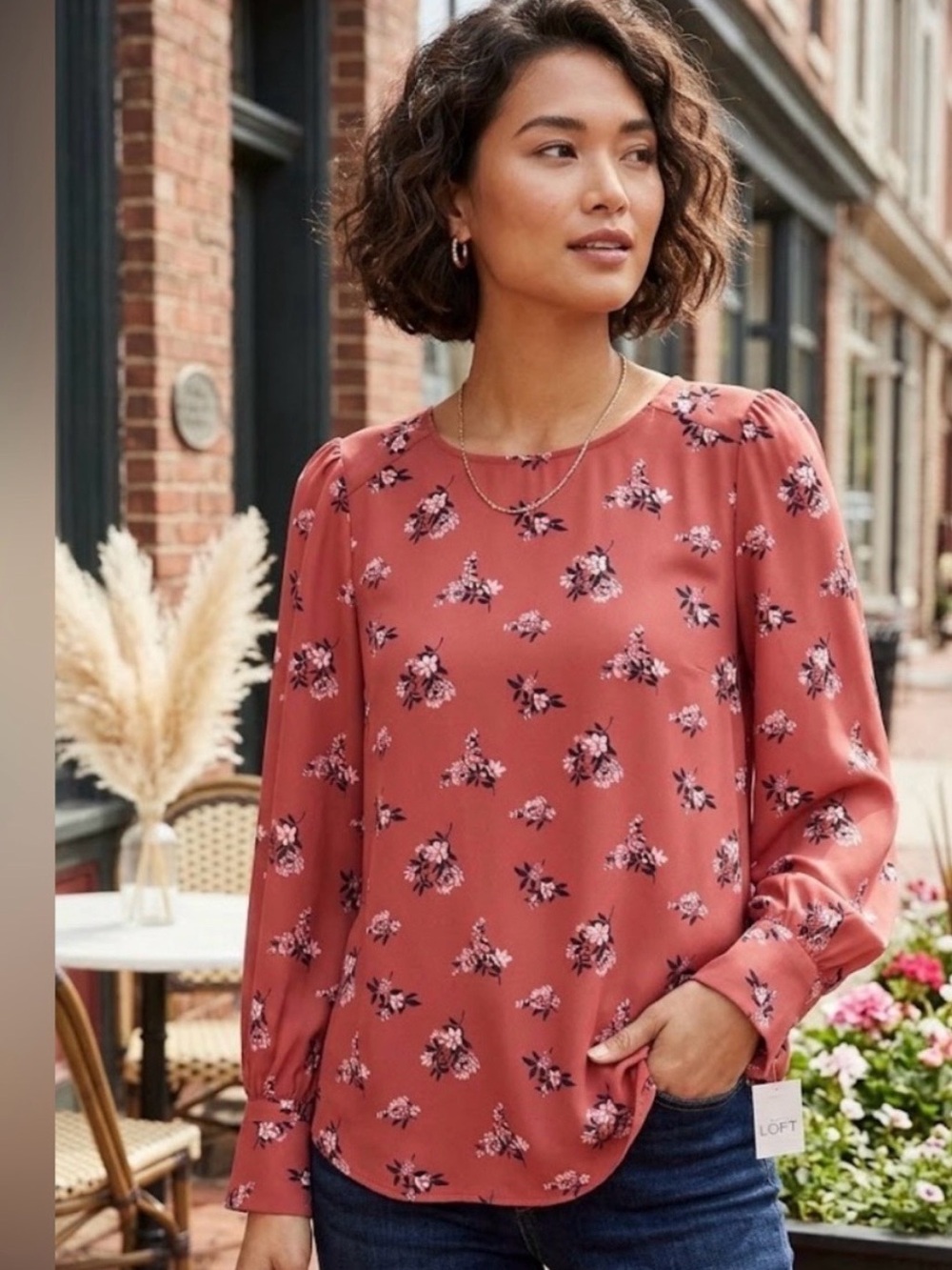 LOFT Dark/Burnt Salmon Floral Long-Sleeve Blouse